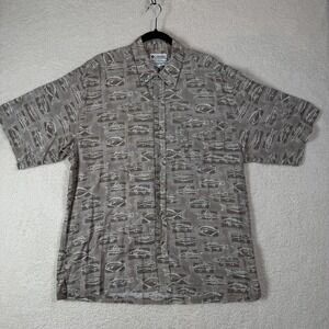 Vintage Columbia Fishing Shirt L Tan Beige Fish Print Short Sleeve Button Front‎